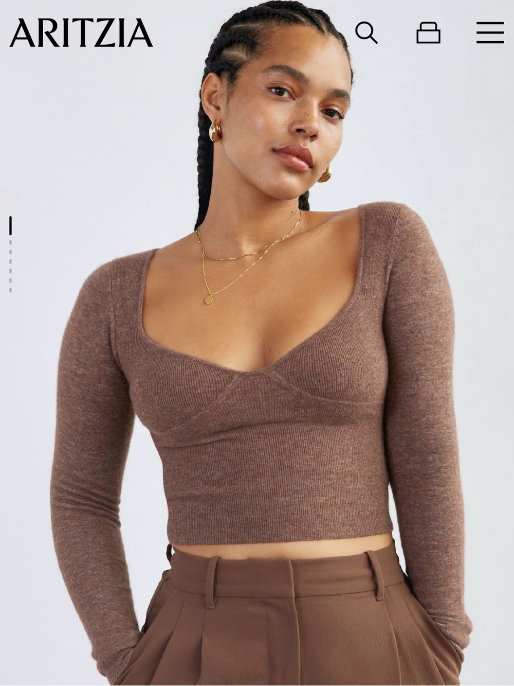 Aritzia Wilfred Greer Brown Scoop-Neck Cropped Sweater